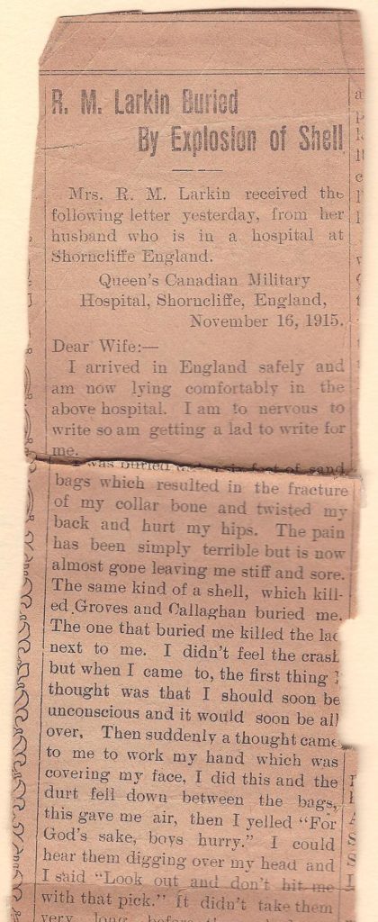 Robert Larkin newspaper clipping - letter to wife page 1