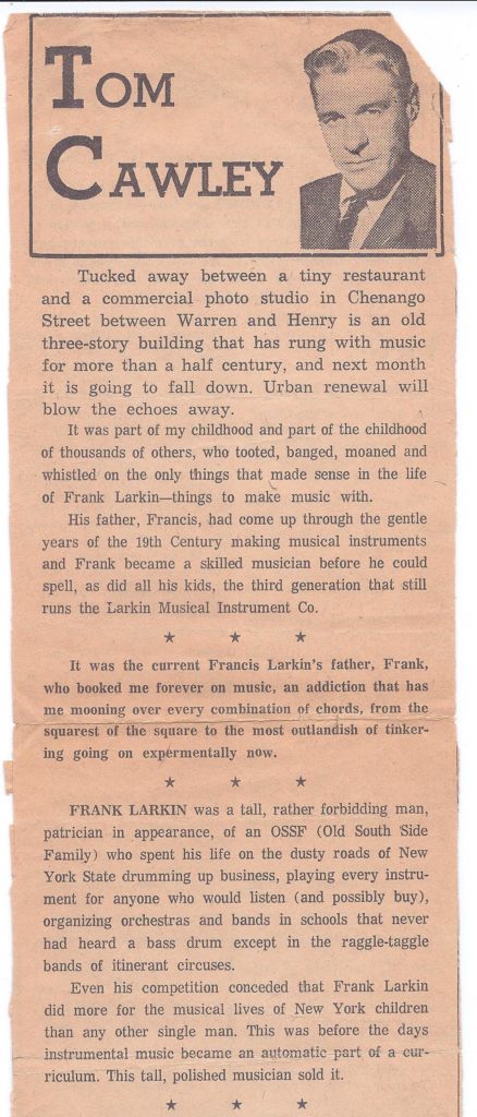 Tom Cawley newspaper column about Frank Larkin page 1